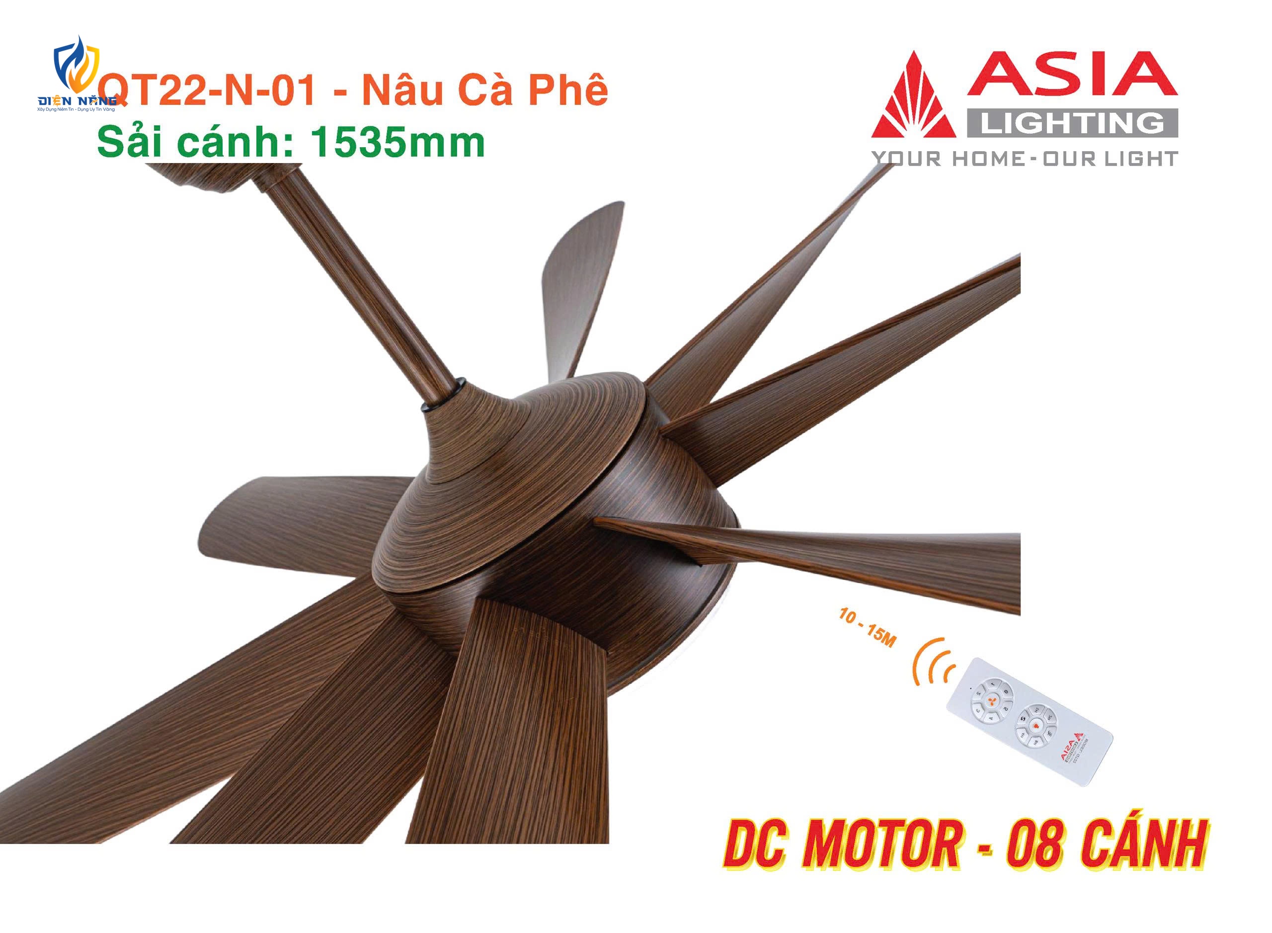Quạt trần đèn cao cấp 08 cánh - QT22 - Nâu cà phê - anh 2