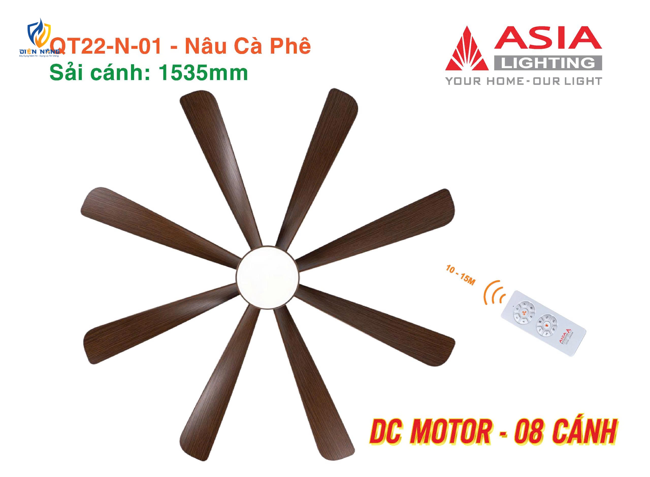 Quạt trần đèn cao cấp 08 cánh - QT22 - Nâu cà phê - anh 3