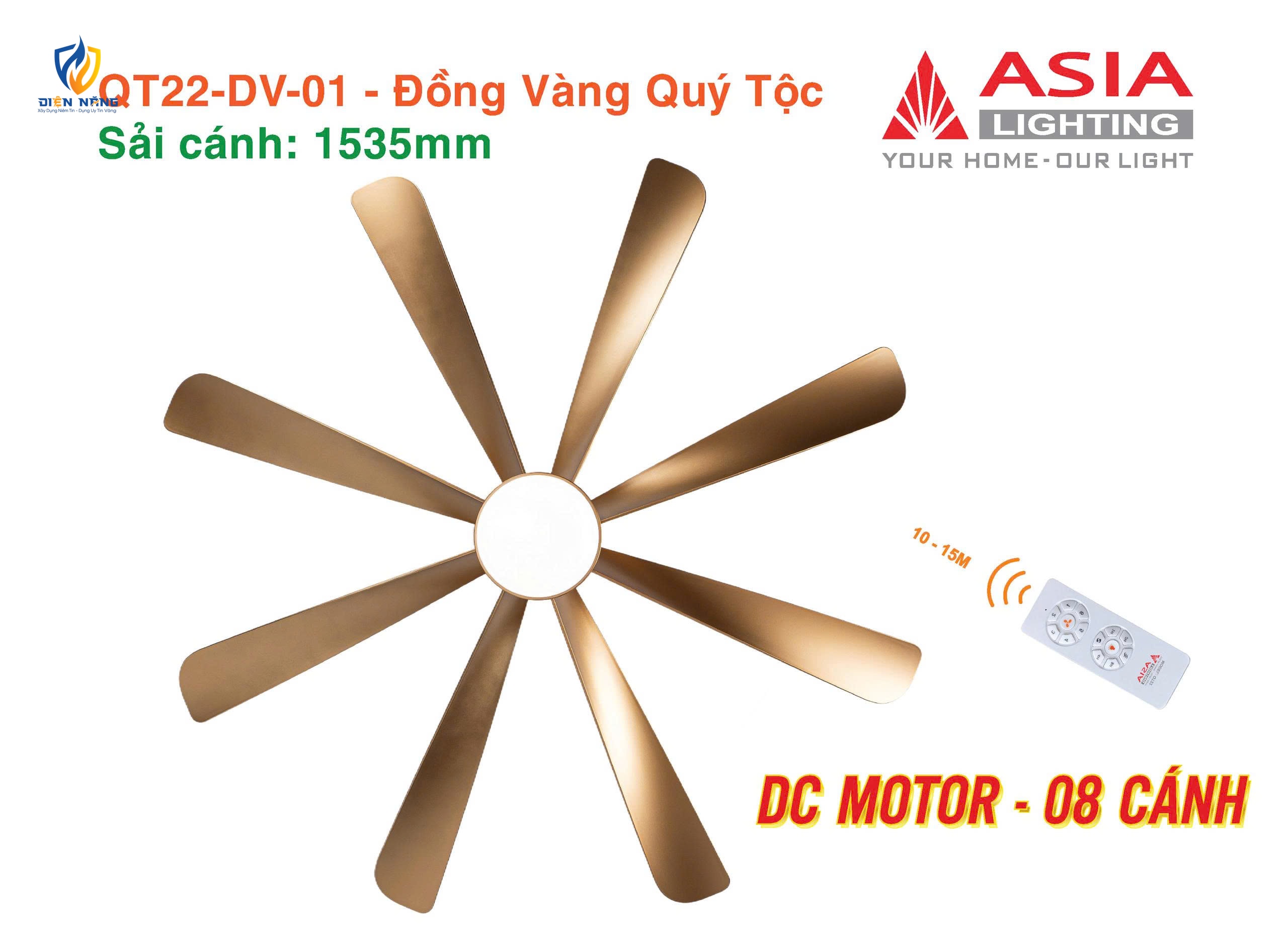 Quạt trần đèn cao cấp 08 cánh - QT22 - Đồng vàng quý tộc - anh 3
