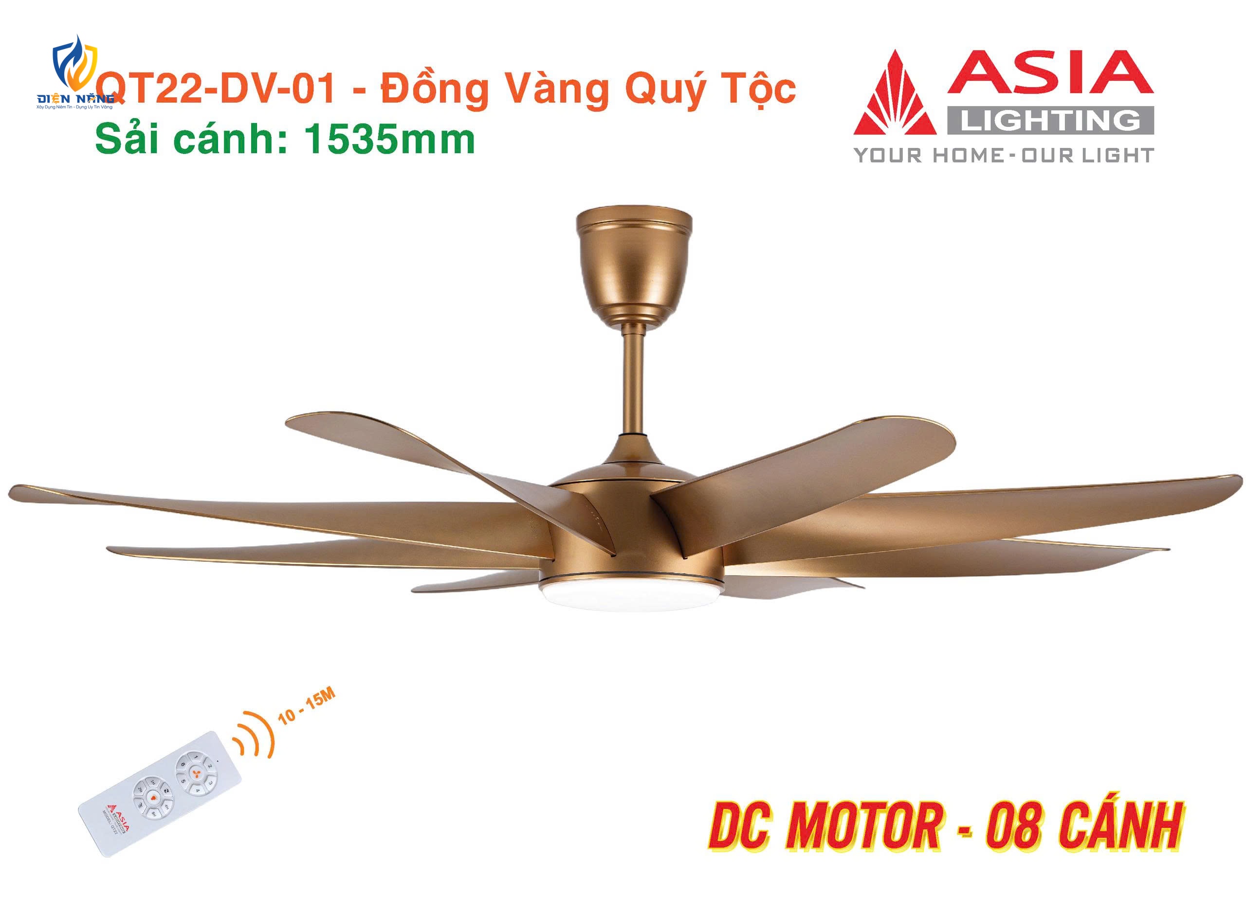 Quạt trần đèn cao cấp 08 cánh - QT22 - Đồng vàng quý tộc - anh 5