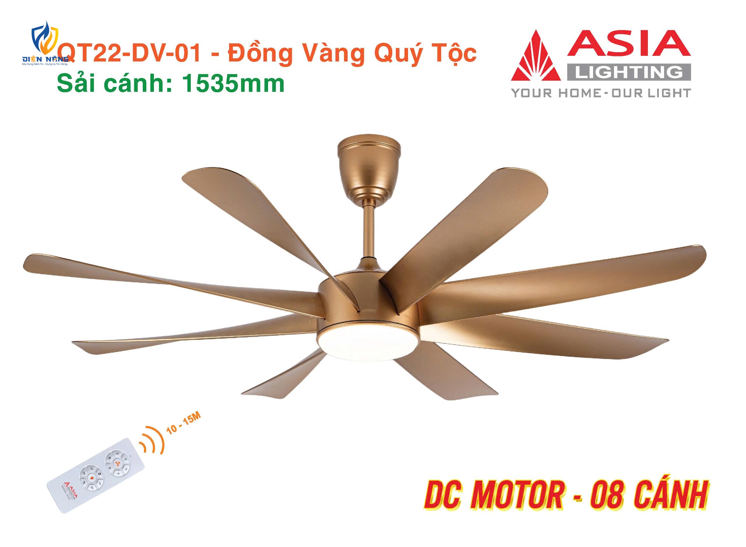Quạt trần đèn cao cấp 08 cánh - QT22 - Đồng vàng quý tộc - anh 6