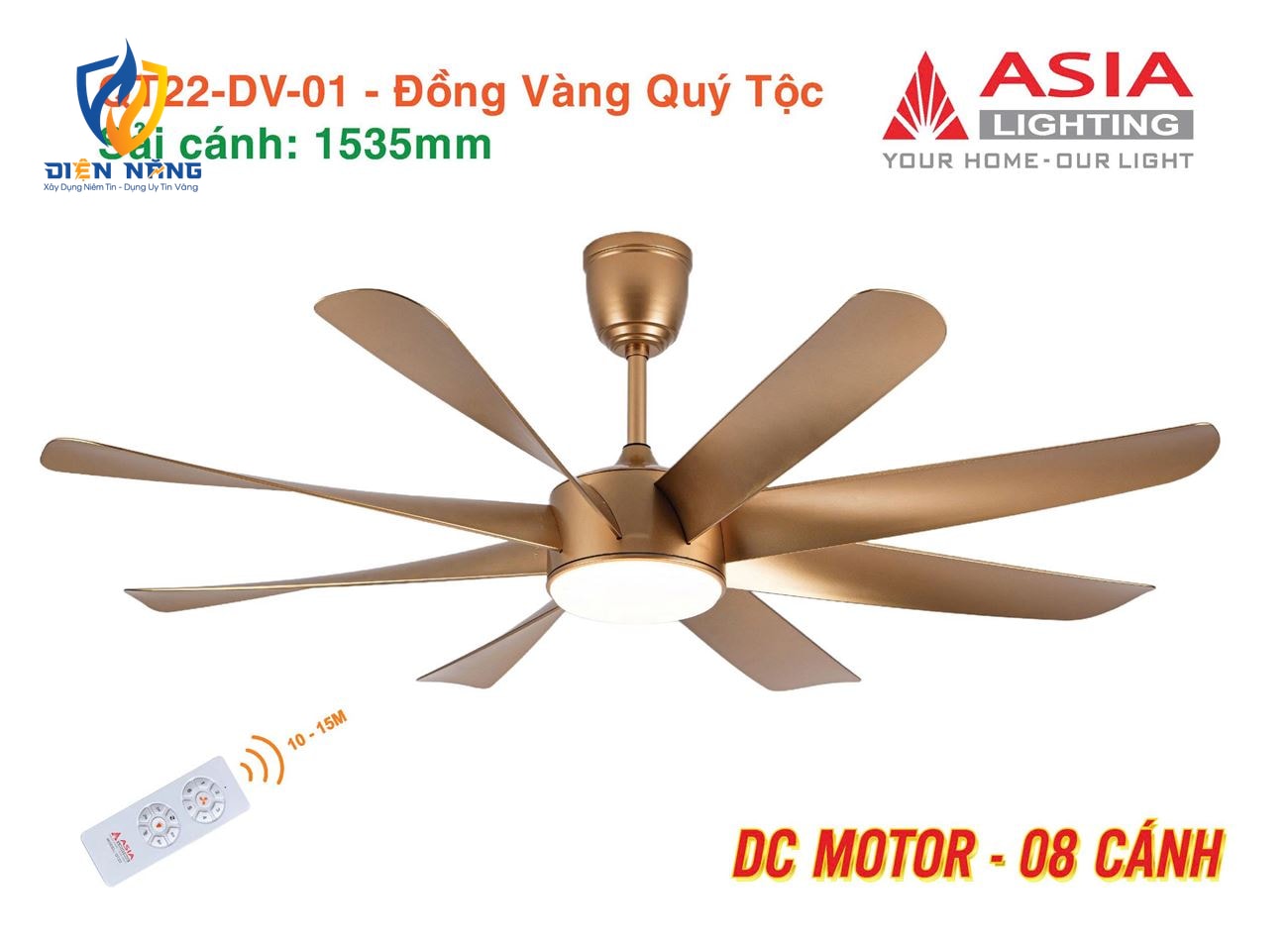 Quạt trần đèn cao cấp 08 cánh - QT22 - Đồng vàng quý tộc
