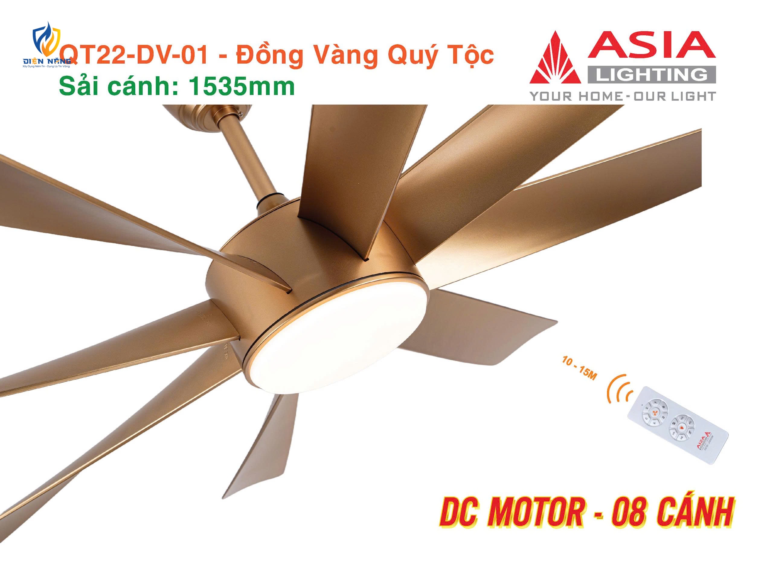 Quạt trần đèn cao cấp 08 cánh - QT22 - Đồng vàng quý tộc - anh 4