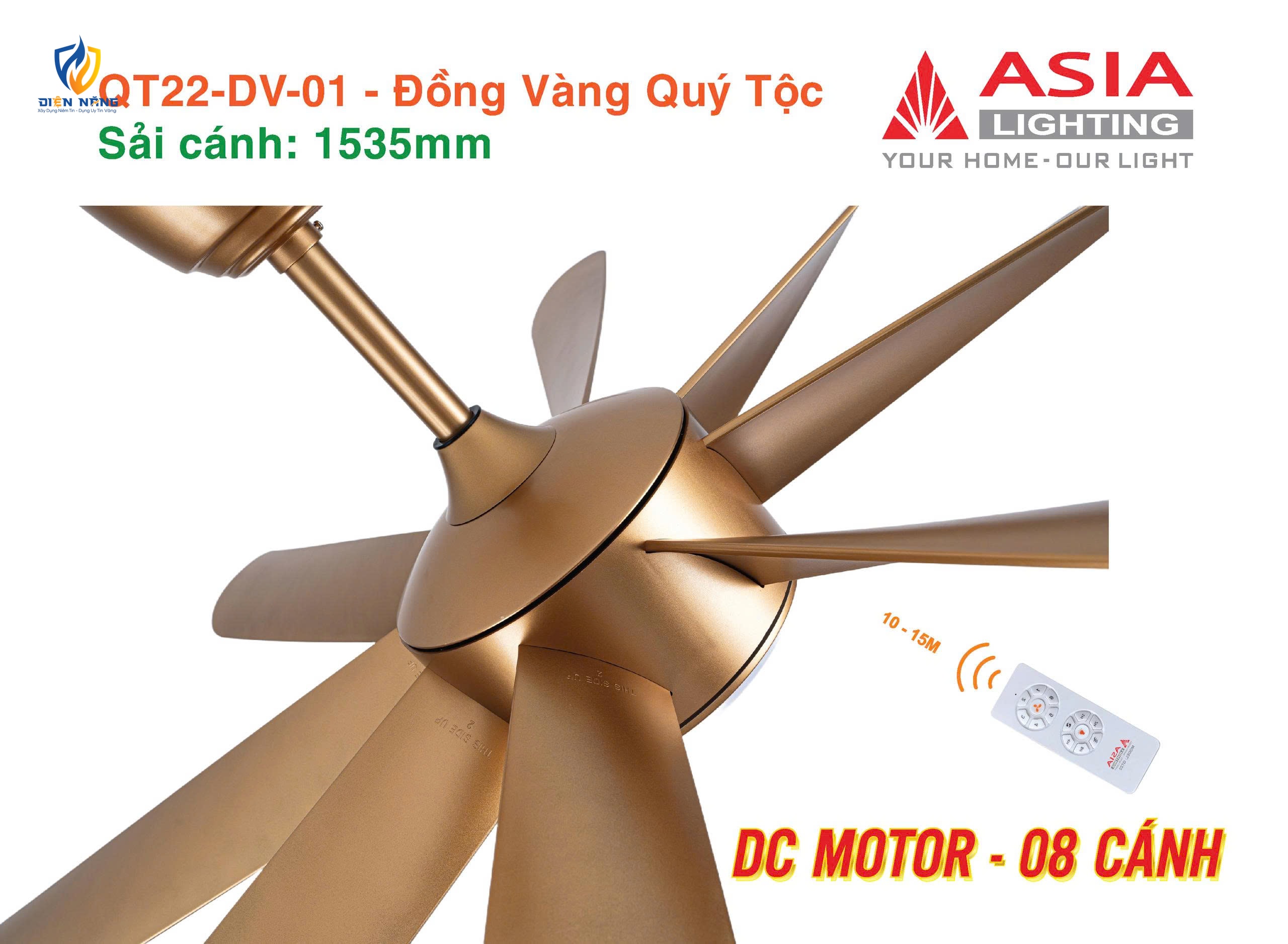 Quạt trần đèn cao cấp 08 cánh - QT22 - Đồng vàng quý tộc - anh 2