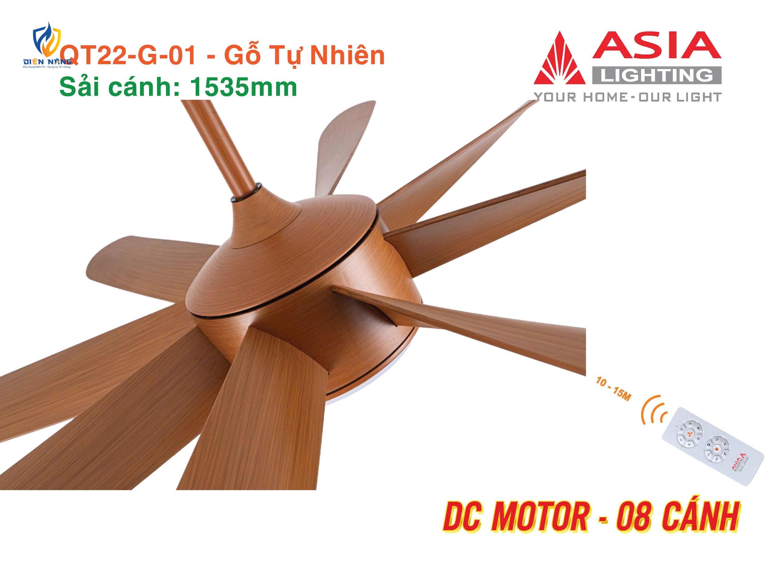 Quạt trần đèn cao cấp 08 cánh - QT22 - Gỗ tự nhiên - anh 2