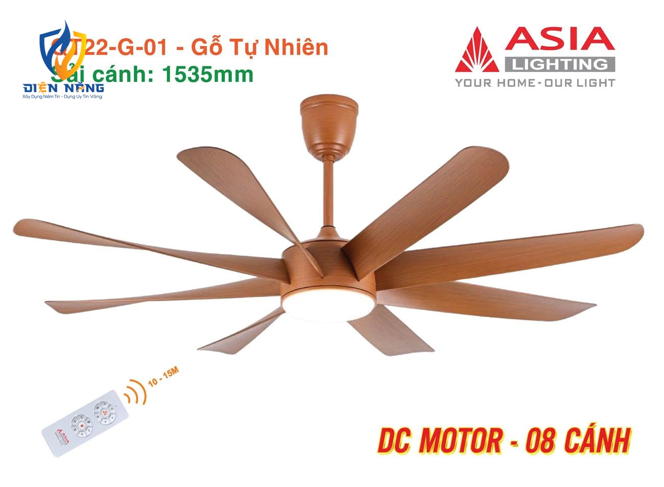 Quạt trần đèn cao cấp 08 cánh - QT22 - Gỗ tự nhiên